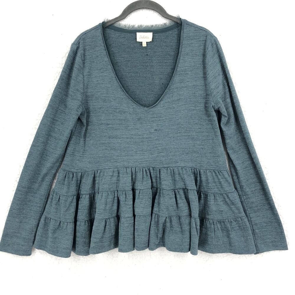 Anthropologie Deletta Top Peplum Babydoll Small Blue Thea Long Sleeve V-Neck